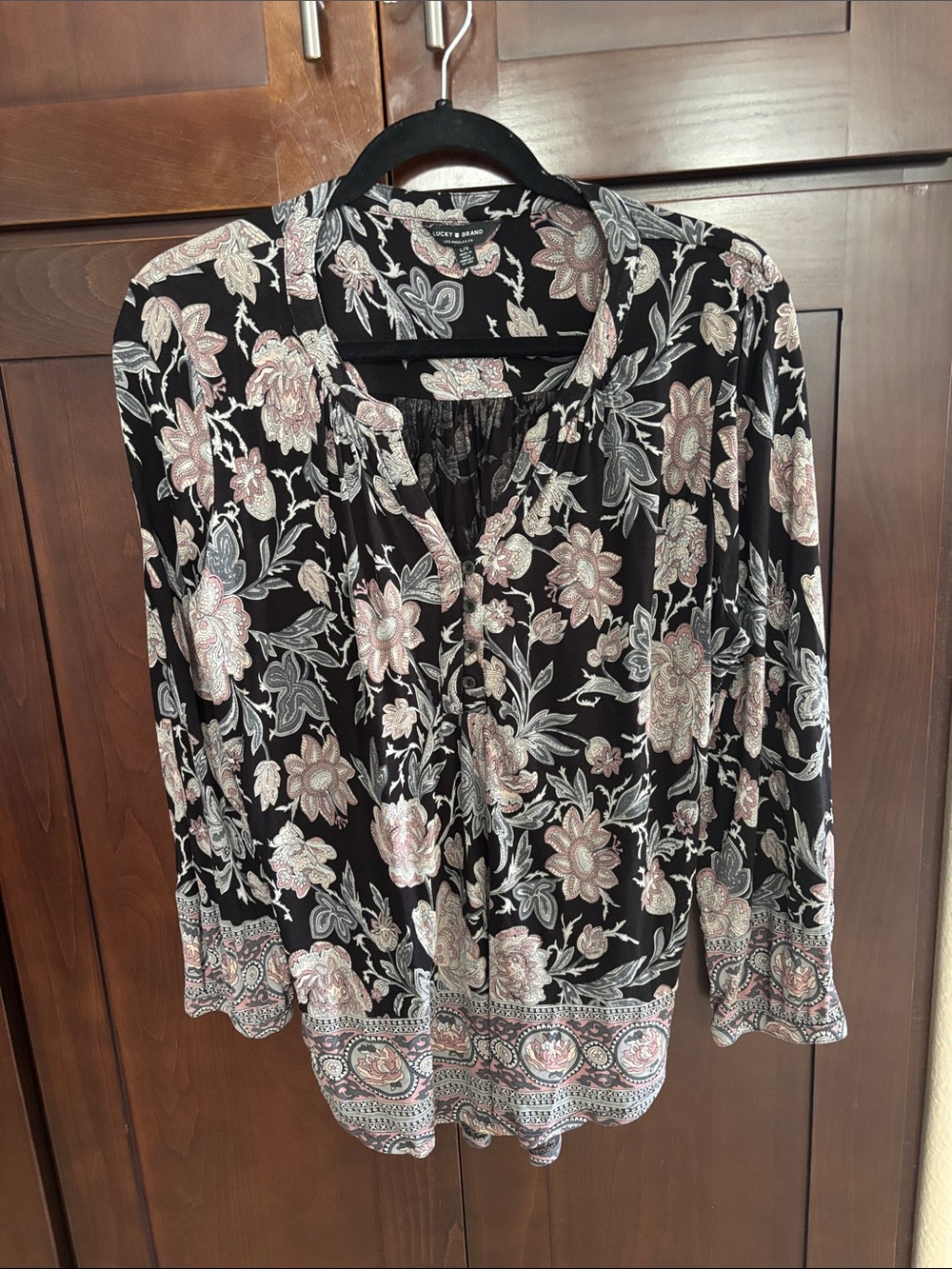Lucky Brand Black Floral Button-Front Long-Sleeve Blouse